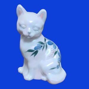 Fenton White Opalescent Hand Painted Cat